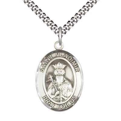 St. Vladimir Sterling Silver Oval Medal Pendant with Rhodium-plated Chain, Measures 1-inch tall by 3/4-inch wide, Bliss Manufacturing