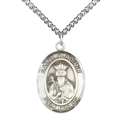 St. Vladimir Sterling Silver Oval Medal Pendant with Sterling Silver Chain, Measures 1-inch tall by 3/4-inch wide, Bliss Manufacturing