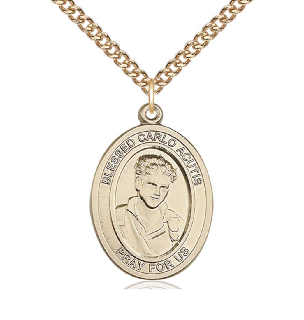 Bliss Blessed Carlo Acutis Gold-filled Oval Engravable Large Medal Necklace with Gold-filled Chain,