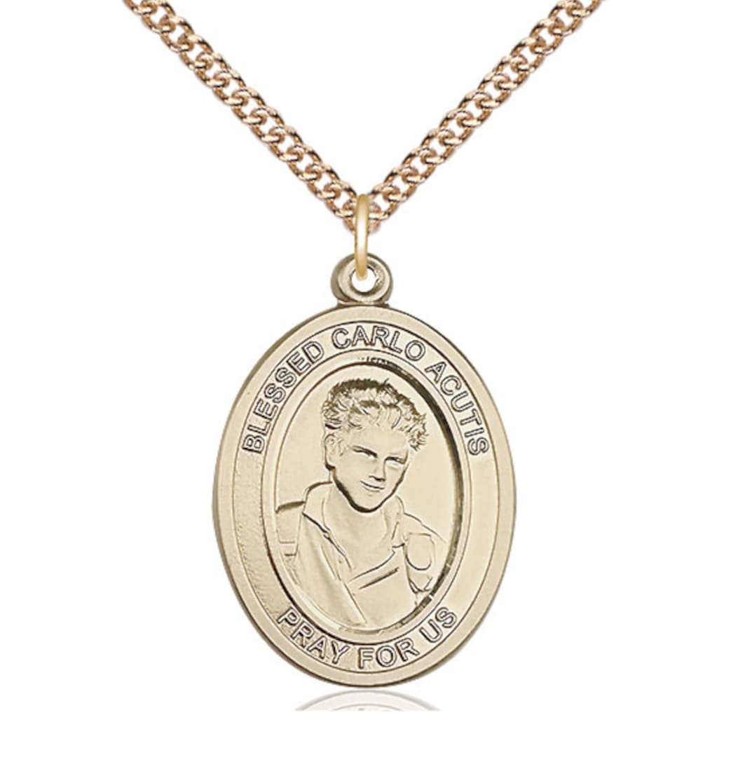 Bliss Blessed Carlo Acutis 14kt Gold Engravable Large Oval Medal with Chain,