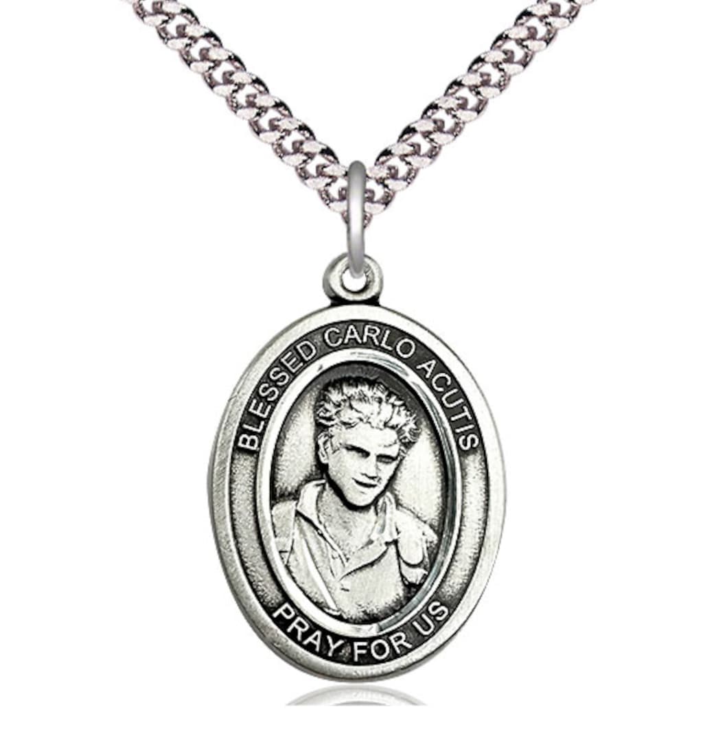 Bliss Blessed Carlo Acutis Pewter Large Oval Engravable Medal Necklace,