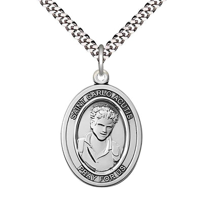 St. Carlo Acutis Pewter Engravable 1-inch Oval Medal with Rhodium-plated Chain, Bliss Manufacturing