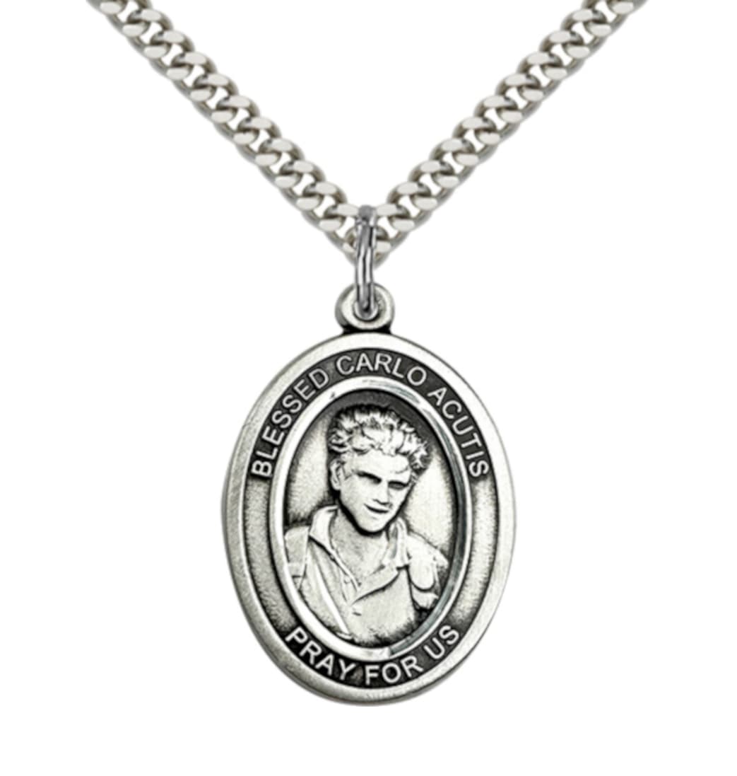 Bliss Blessed Carlo Acutis Sterling Silver Large Oval Medal Necklace with Plated Chain,