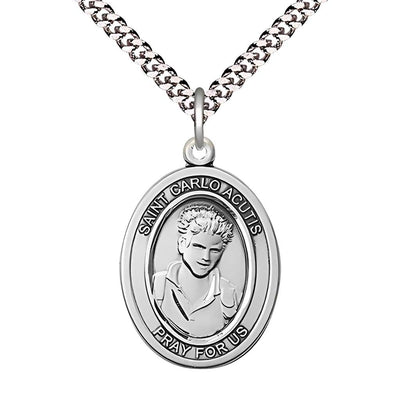 St. Carlo Acutis Sterling Silver Engravable 1-inch Oval Medal with Plated Chain, Bliss Manufacturing