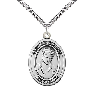 St. Carlo Acutis Sterling Silver Engravable 1-inch Oval Medal with Sterling Chain, Bliss Manufacturing