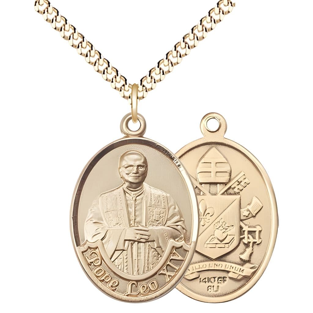 Bliss Pope Leo XIV 14kt Gold-filled Engravable Medal with Gold-plated Heavy Curb Chain, Measures 1-inch tall by 3/4-inch wide.