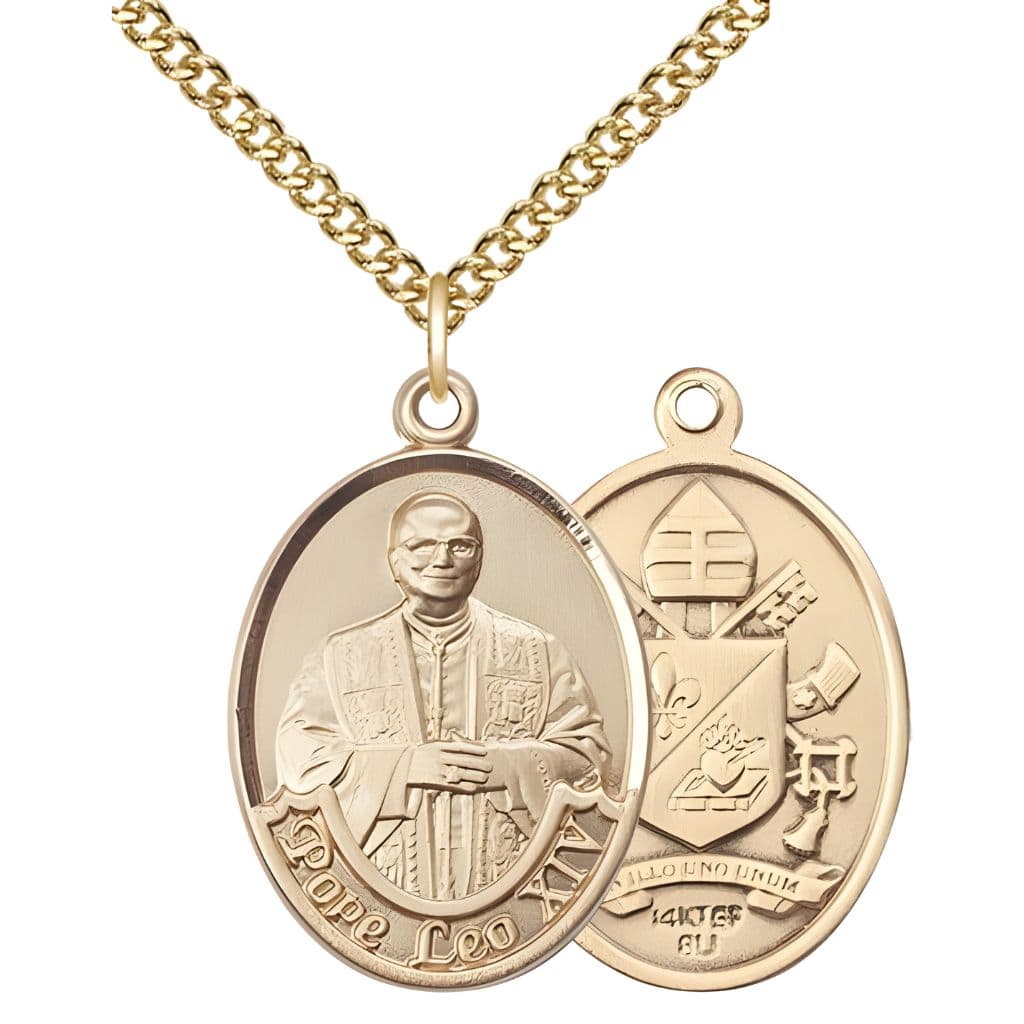 Bliss Pope Leo XIV 14kt Gold-filled Engravable Medal with Gold-filled Heavy Curb Chain, Measures 1-inch tall by 3/4-inch wide.