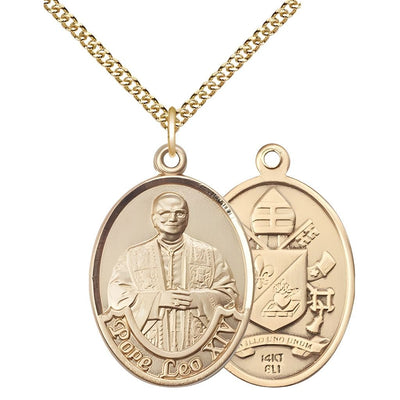 Pope Leo XIV 14kt Gold Engravable Medal with 14kt Gold Heavy Curb Chain, Measures 1-inch tall by 3/4-inch wide, Bliss Manufacturing