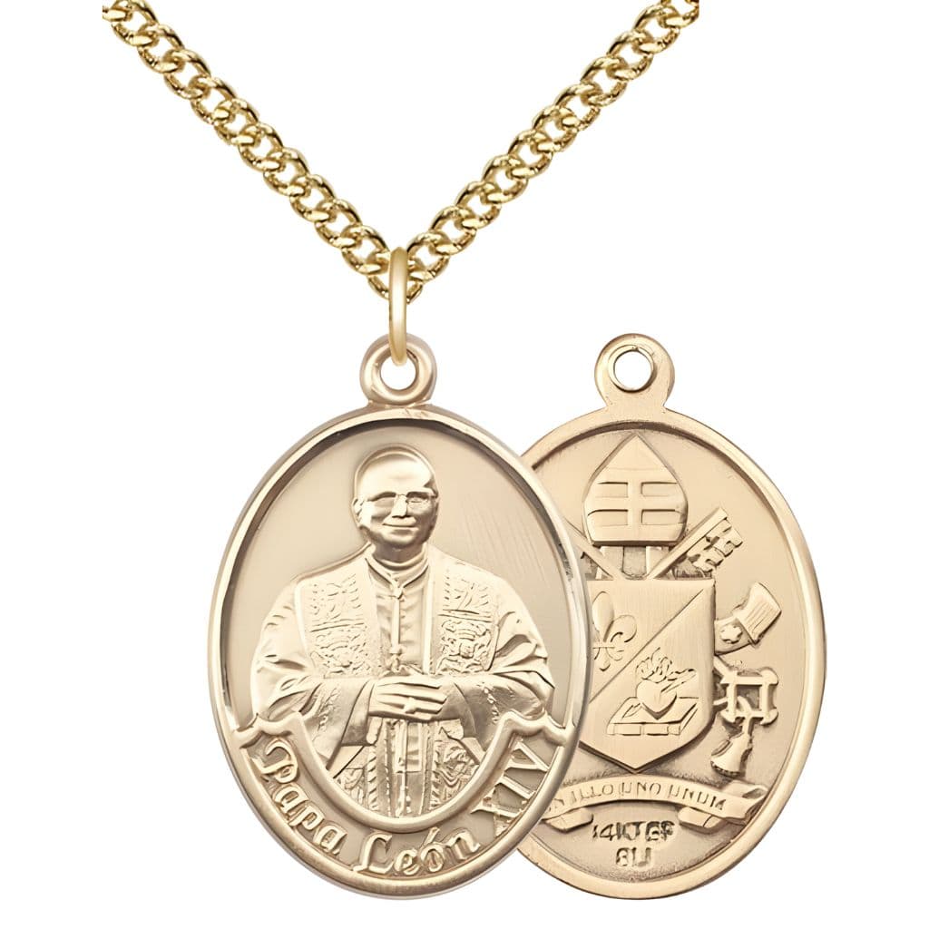 Bliss Papa Leon XIV 14kt Gold-filled Oval Medal Pendant with Gold-filled Chain, Measures 1-inch tall by 3/4-inch wide.