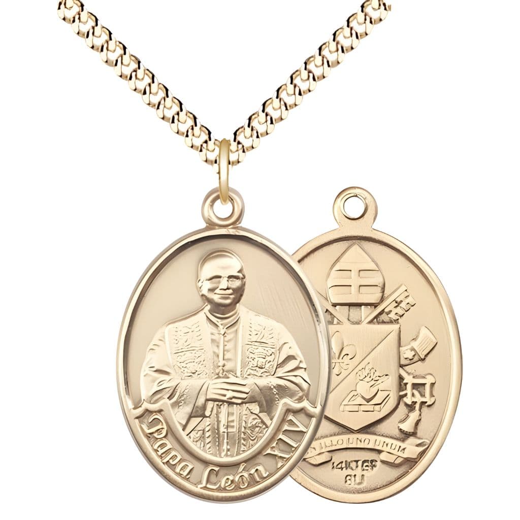 Bliss Papa Leon XIV 14kt Gold-filled Oval Medal Pendant with Gold-plated Chain, Measures 1-inch tall by 3/4-inch wide.