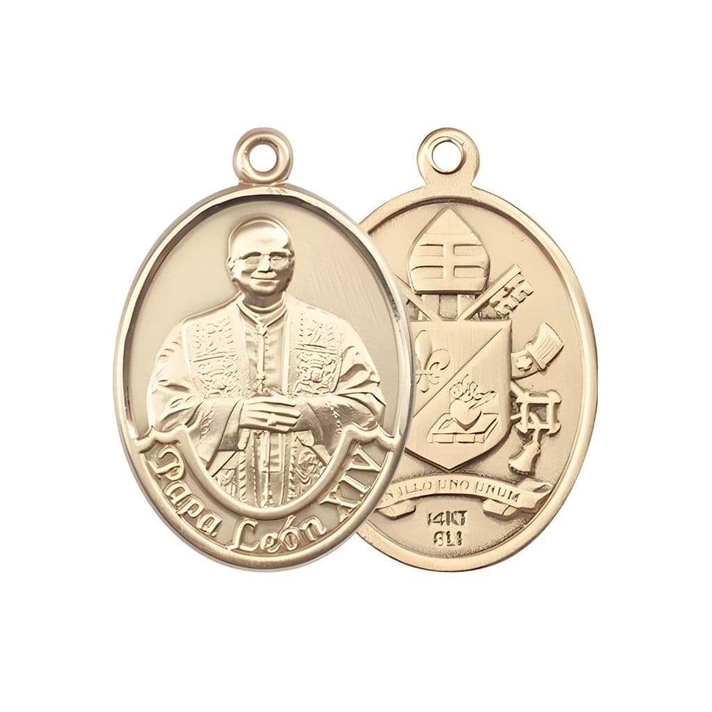 Bliss Papa Leon XIV 14kt Gold Oval Medal Pendant, Measures 1-inch tall by 3/4-inch wide.