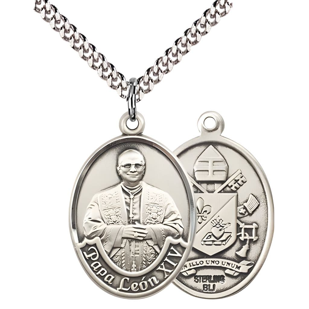 Bliss Pope Leo XIV Sterling Silver Engravable Medal with Rhodium-plated Heavy Curb Chain, Measures 1-inch tall by 3/4-inch wide.