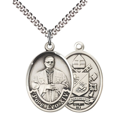 Pope Leo XIV Sterling Silver Engravable Medal with Rhodium-plated Heavy Curb Chain, Measures 1-inch tall by 3/4-inch wide, Bliss Manufacturing
