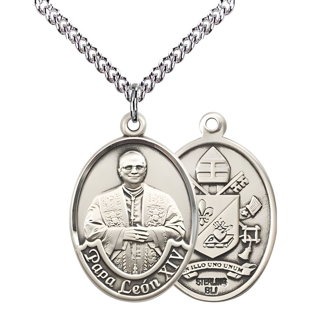 Bliss Pope Leo XIV Sterling Silver Engravable Medal with Sterling Heavy Curb Chain, Measures 1-inch tall by 3/4-inch wide.
