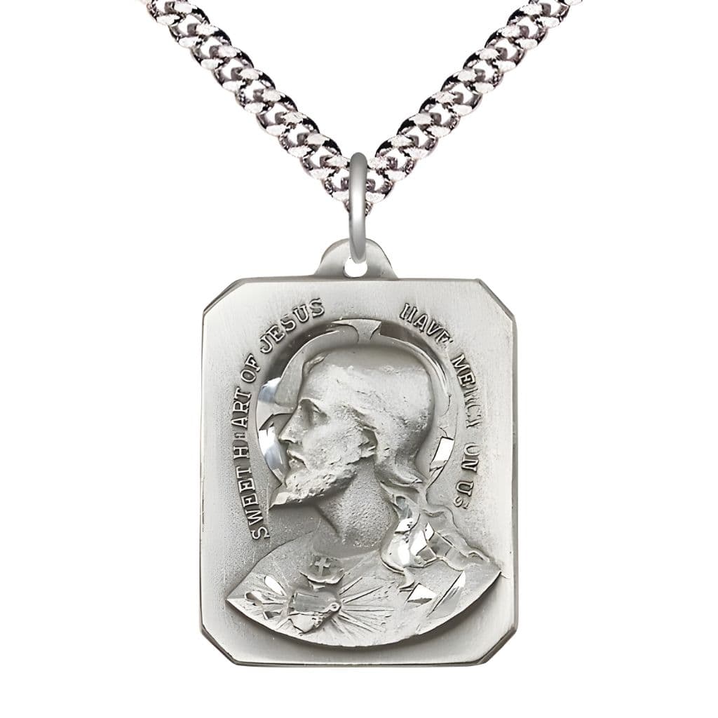 Bliss Sacred Heart of Jesus on back Sterling Silver Medal with Rhodium-Plated Chain,  Measures 7/8-inch tall by 1 1/8-inch wide.