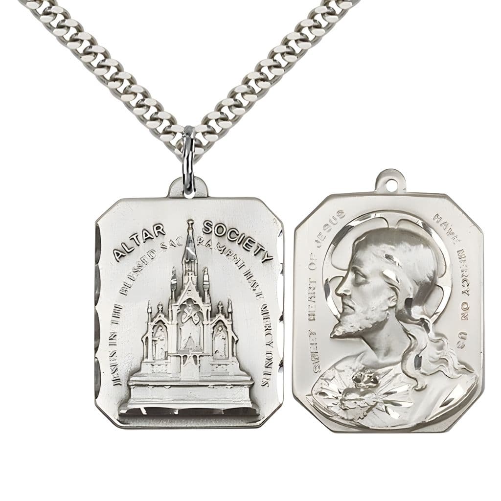 Bliss Alter Society & Sacred Heart of Jesus on back Sterling Silver Medal with Rhodium-Plated Chain,  Measures 7/8-inch tall by 1 1/8-inch wide.