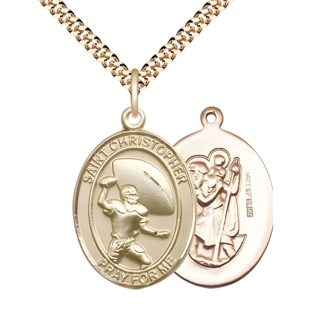 Bliss St. Christopher Football 14kt Gold-filled Oval Medal Pendant with Gold-plated Chain, Measures 1-inch tall by 3/4-inch wide.