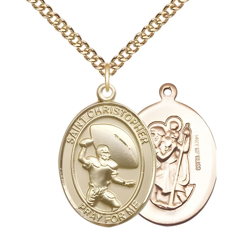 Bliss St. Christopher Football 14kt Gold-filled Oval Medal Pendant with Gold-filled Chain, Measures 1-inch tall by 3/4-inch wide.