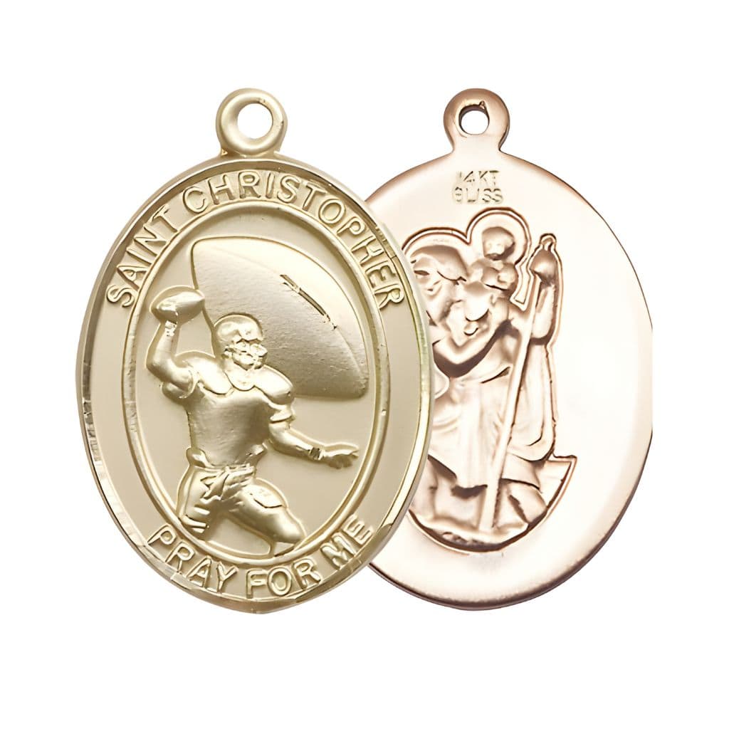 Bliss St. Christopher Football 14kt Gold Oval Medal Pendant, Measures 1-inch tall by 3/4-inch wide.