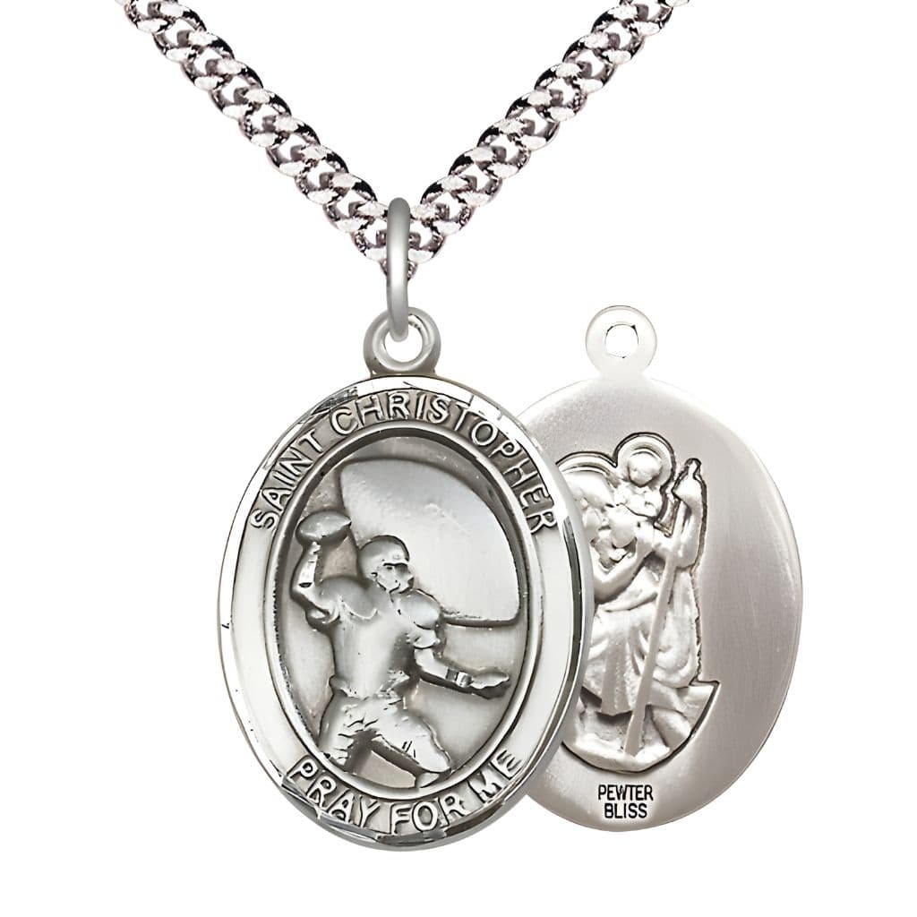 Bliss St. Christopher Football Pewter Oval Medal Pendant with Rhodium-plated Chain, Measures 1-inch tall by 3/4-inch wide.