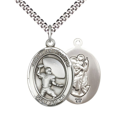 St. Christopher Football Pewter Oval Medal Pendant with Rhodium-plated Chain, Measures 1-inch tall by 3/4-inch wide, Bliss Manufacturing