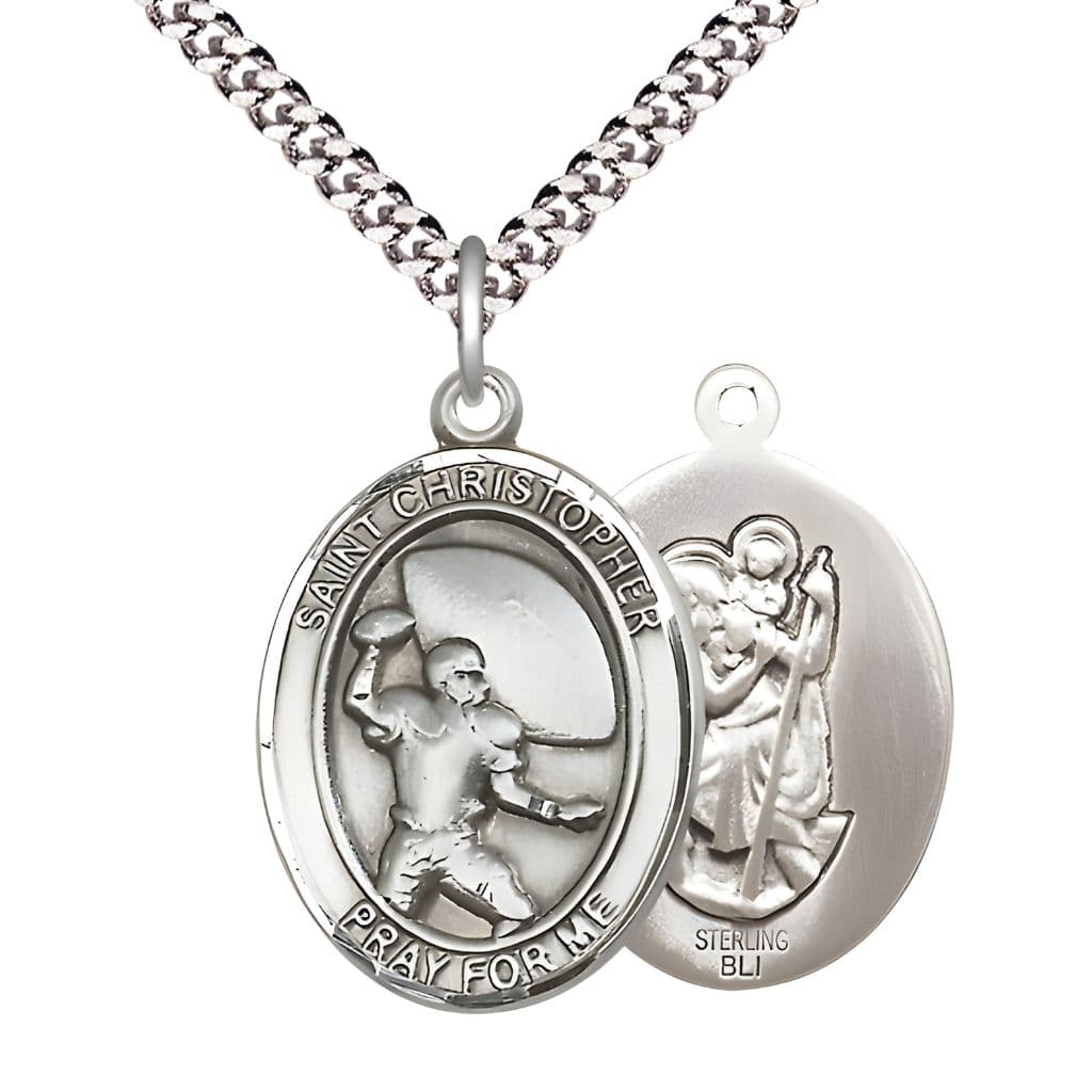 Bliss St. Christopher Football Sterling Silver Oval Medal Pendant with Rhodium-plated Chain, Measures 1-inch tall by 3/4-inch wide.