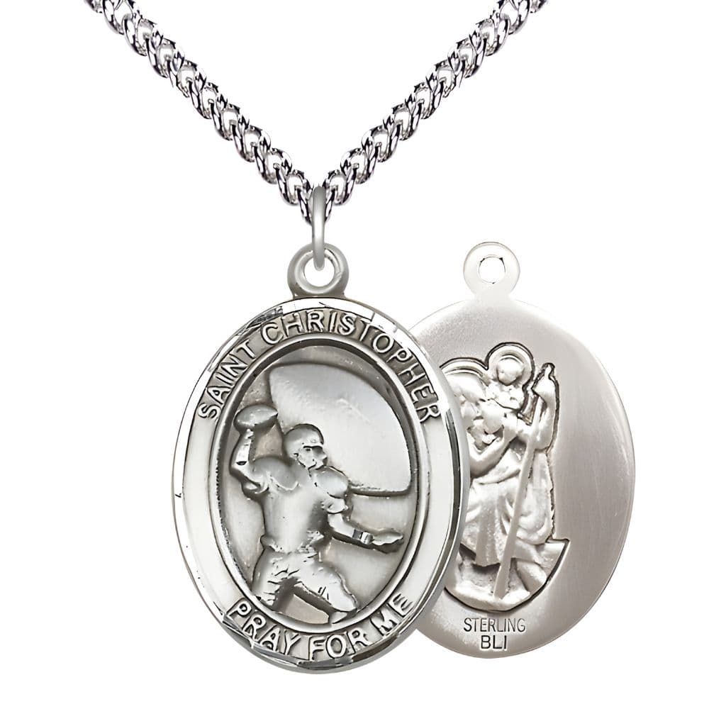 Bliss St. Christopher Football Sterling Silver Oval Medal Pendant with Sterling Chain, Measures 1-inch tall by 3/4-inch wide.