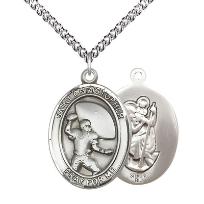 St. Christopher Football Sterling Silver Oval Medal Pendant with Sterling Chain, Measures 1-inch tall by 3/4-inch wide, Bliss Manufacturing