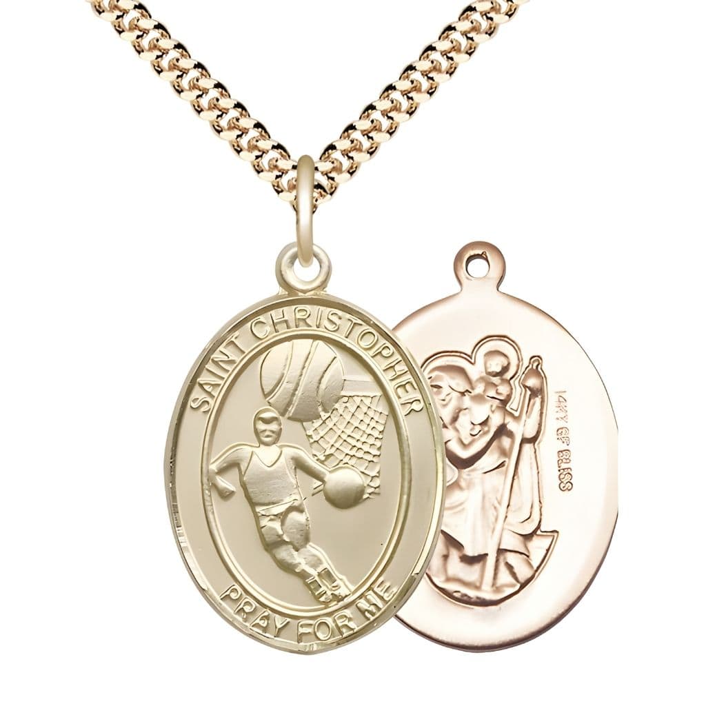 Bliss St. Christopher Basketball 14kt Gold-filled Oval Medal Pendant with Gold-plated Chain, Measures 1-inch tall by 3/4-inch wide.
