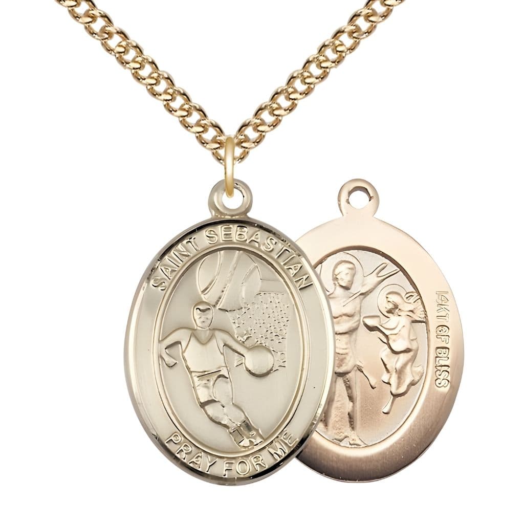 Bliss St. Christopher Basketball 14kt Gold-filled Oval Medal Pendant with Gold-filled Chain, Measures 1-inch tall by 3/4-inch wide.