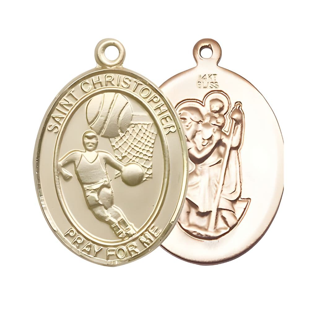 Bliss St. Christopher Basketball 14kt Gold Oval Medal Pendant, Measures 1-inch tall by 3/4-inch wide.