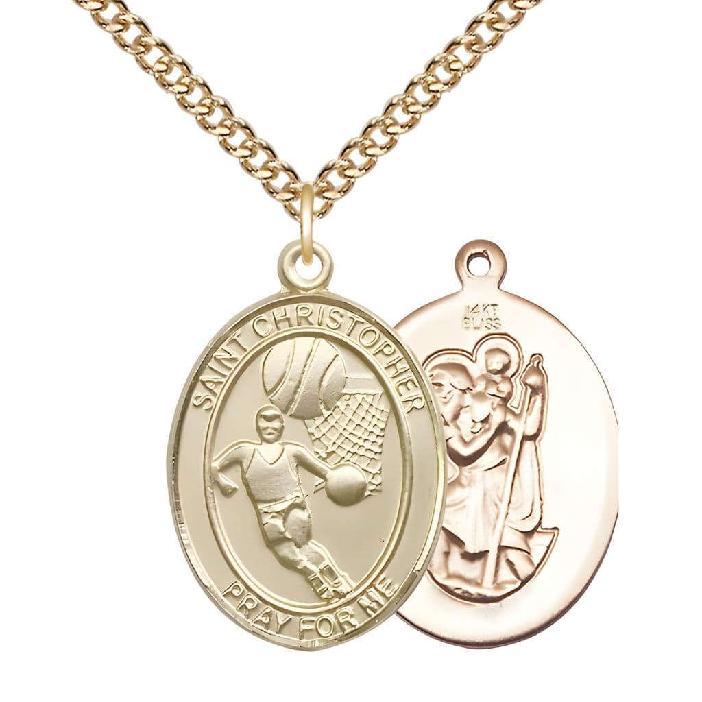 Bliss St. Christopher Basketball 14kt Gold Oval Medal Pendant with 14kt Gold Chain, Measures 1-inch tall by 3/4-inch wide.