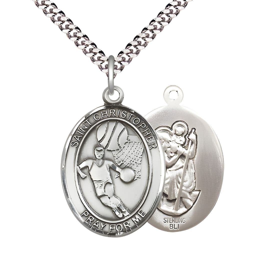 Bliss St. Christopher Basketball Sterling Silver Oval Medal Pendant with Rhodium-plated Chain, Measures 1-inch tall by 3/4-inch wide.