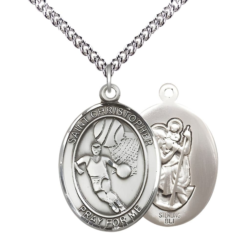 Bliss St. Christopher Basketball Sterling Silver Oval Medal Pendant with Sterling Chain, Measures 1-inch tall by 3/4-inch wide.