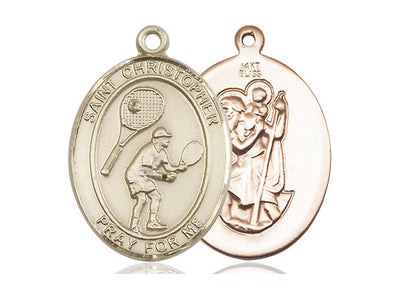St Christopher Tennis Catholic Patron Saint Medal, 14kt gold, Bliss Manufacturing