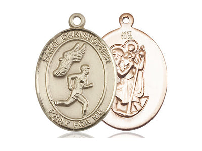 St Christopher Track & Field Catholic Saint Medal, 14kt gold, Bliss Manufacturing