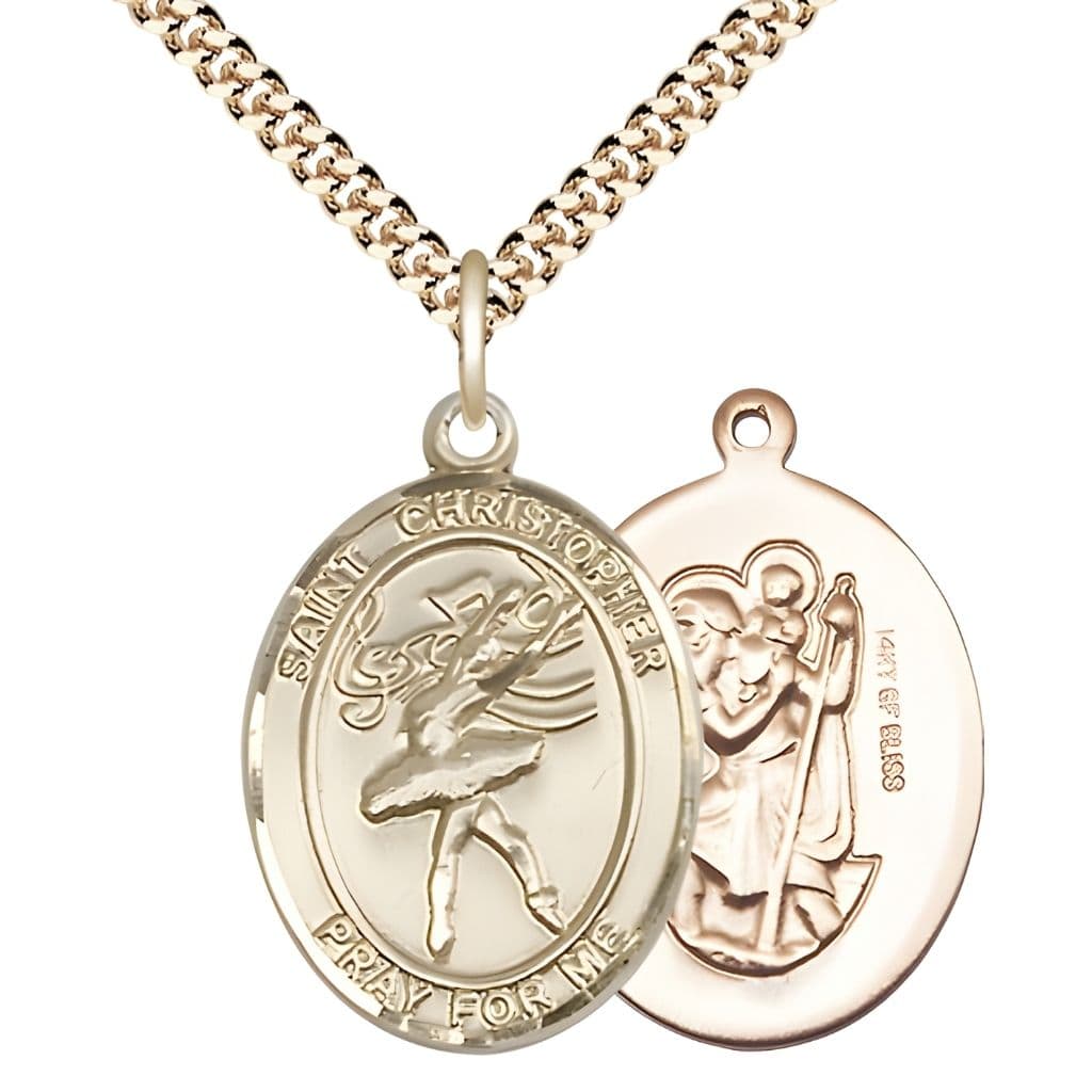 Bliss St. Christopher Dance 14kt Gold-filled Oval Oval Medal with Gold-plated Curb Chain, Measures 1-inch tall by 3/4-inch wide.