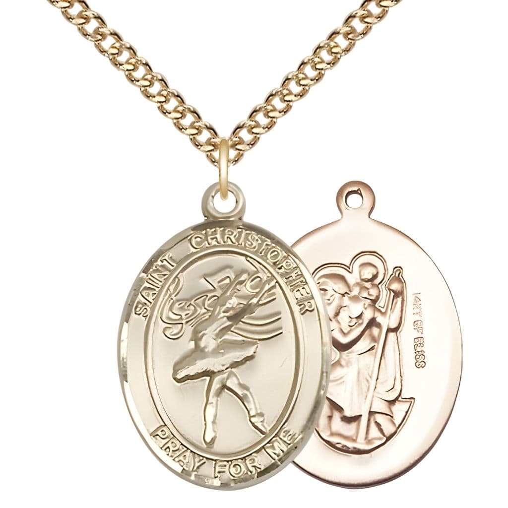 Bliss St. Christopher Dance 14kt Gold-filled Oval Oval Medal with Gold-filled Curb Chain, Measures 1-inch tall by 3/4-inch wide.