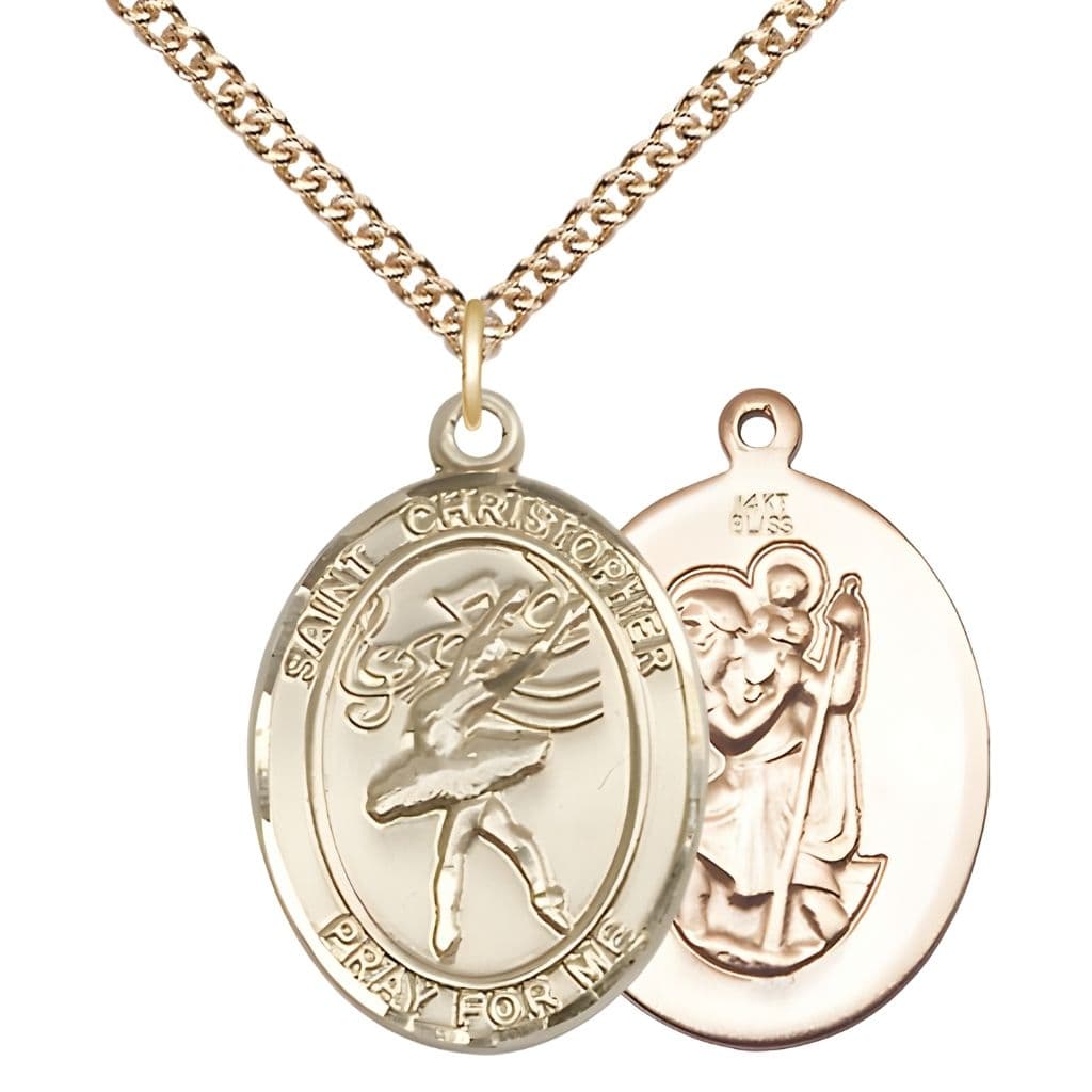 Bliss St. Christopher Dance 14kt Gold Oval Oval Medal with 14kt Gold Curb Chain, Measures 1-inch tall by 3/4-inch wide.