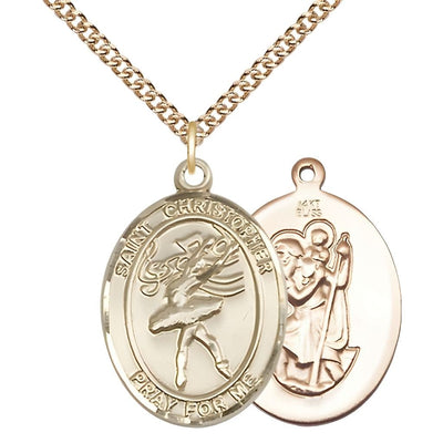 St. Christopher Dance 14kt Gold Oval Oval Medal with 14kt Gold Curb Chain, Measures 1-inch tall by 3/4-inch wide, Bliss Manufacturing