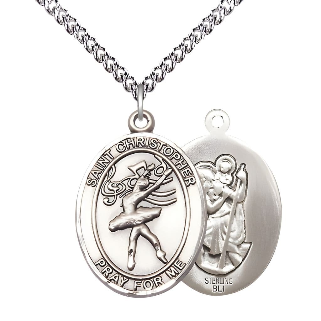 Bliss St. Christopher Dance Sterling Silve Oval Oval Medal with Sterling Curb Chain, Measures 1-inch tall by 3/4-inch wide.