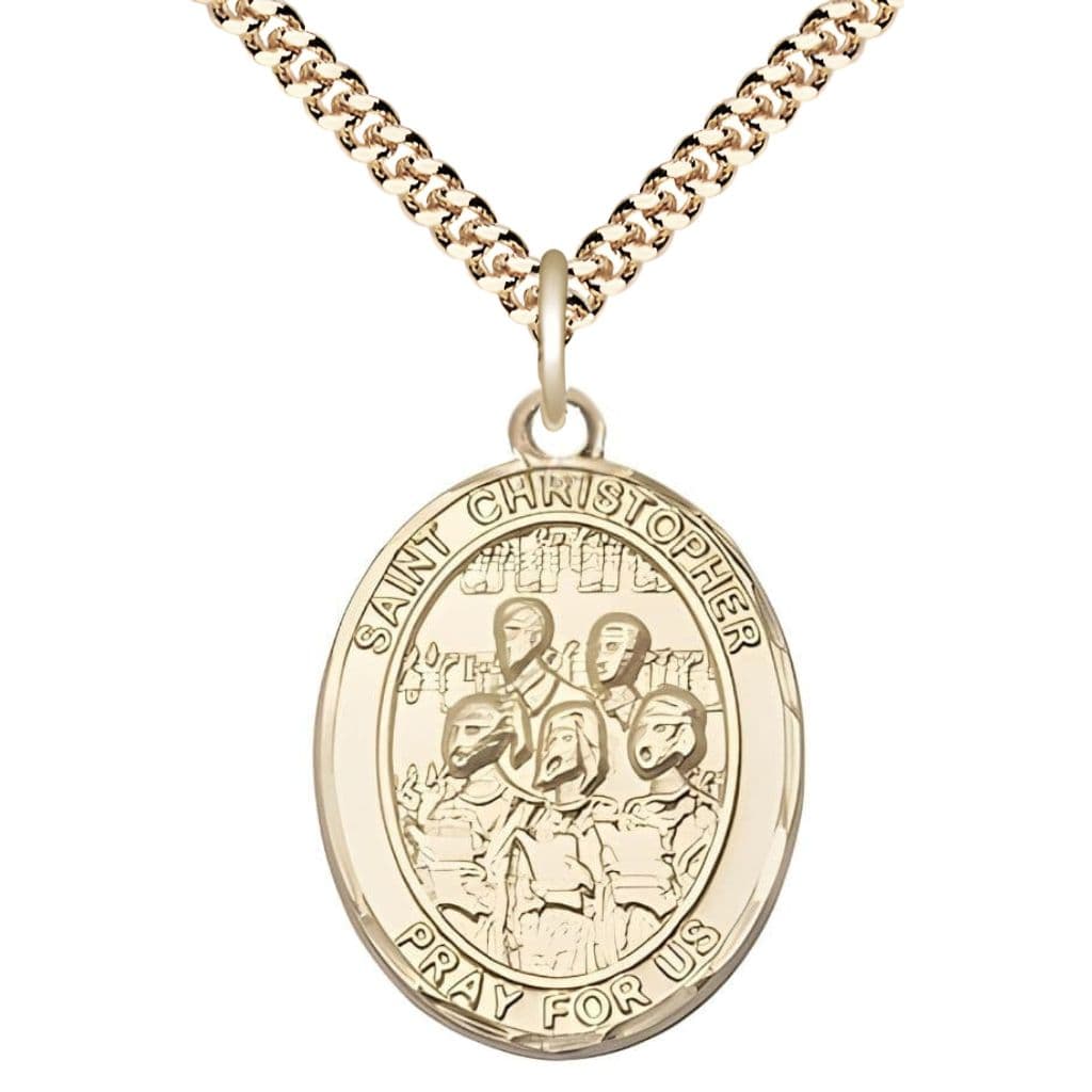 Bliss St. Christopher Choir 14kt Gold-filled Oval Medal with a 14kt Gold-plated Chain in a Gift Box, Measures 1-inch tall by 3/4-inch wide.