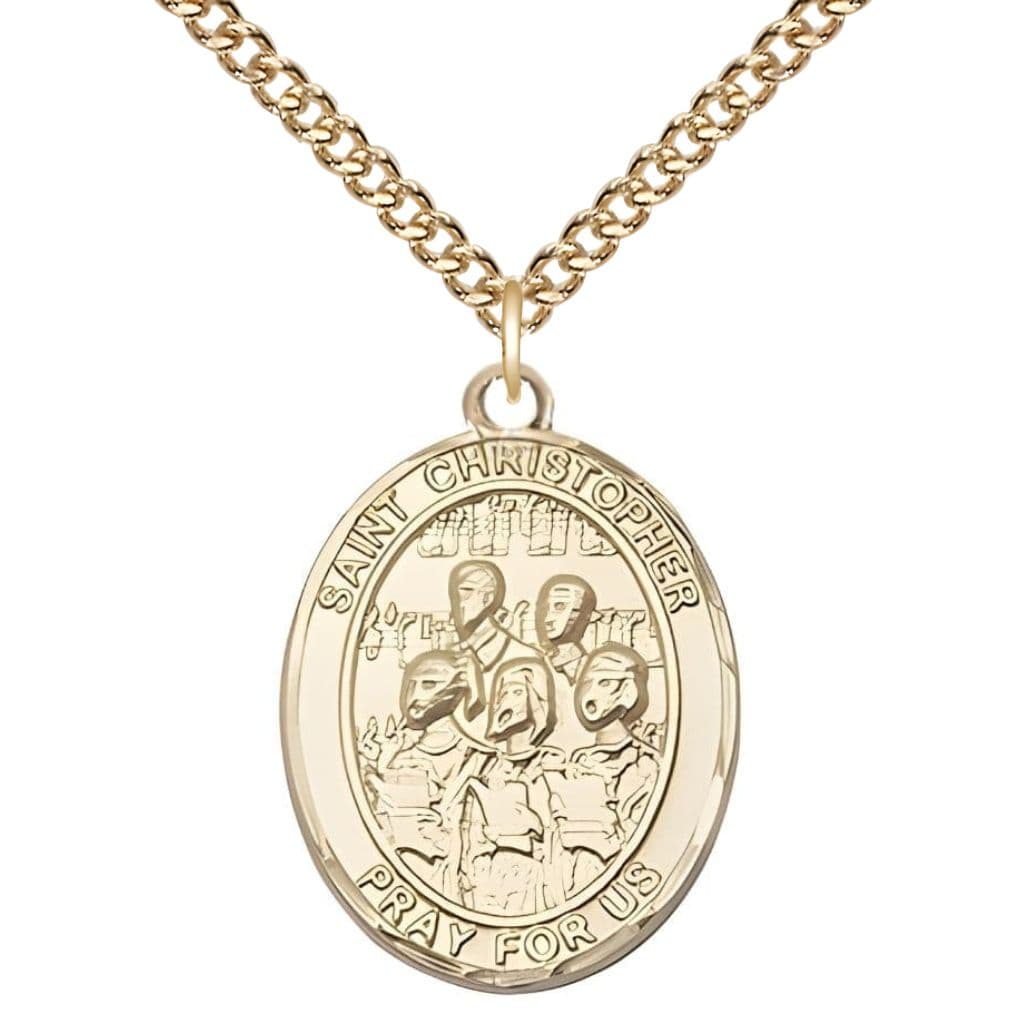 Bliss St. Christopher Choir 14kt Gold-filled Oval Medal with a 14kt Gold-filled Chain in a Gift Box, Measures 1-inch tall by 3/4-inch wide.