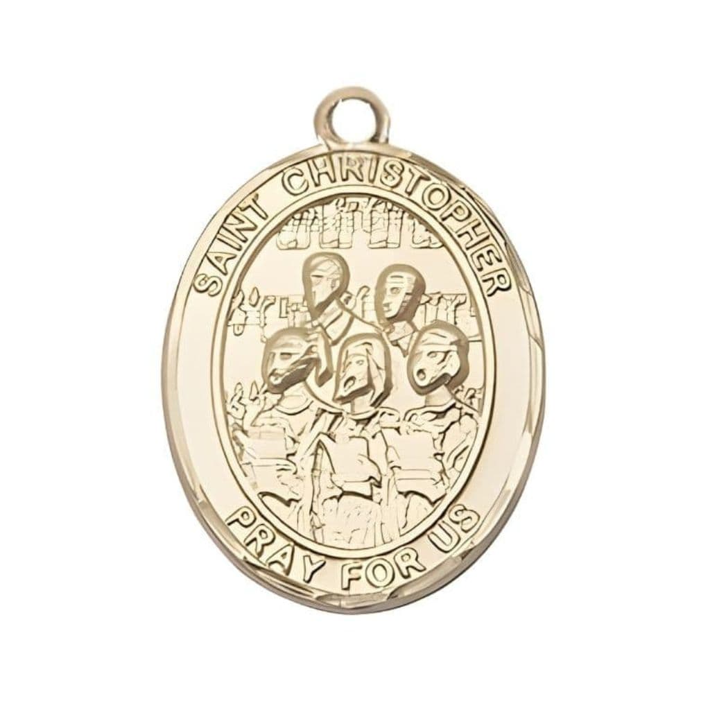 Bliss St. Christopher Choir 14kt Gold Oval Medal in a Gift Box, Measures 1-inch tall by 3/4-inch wide.