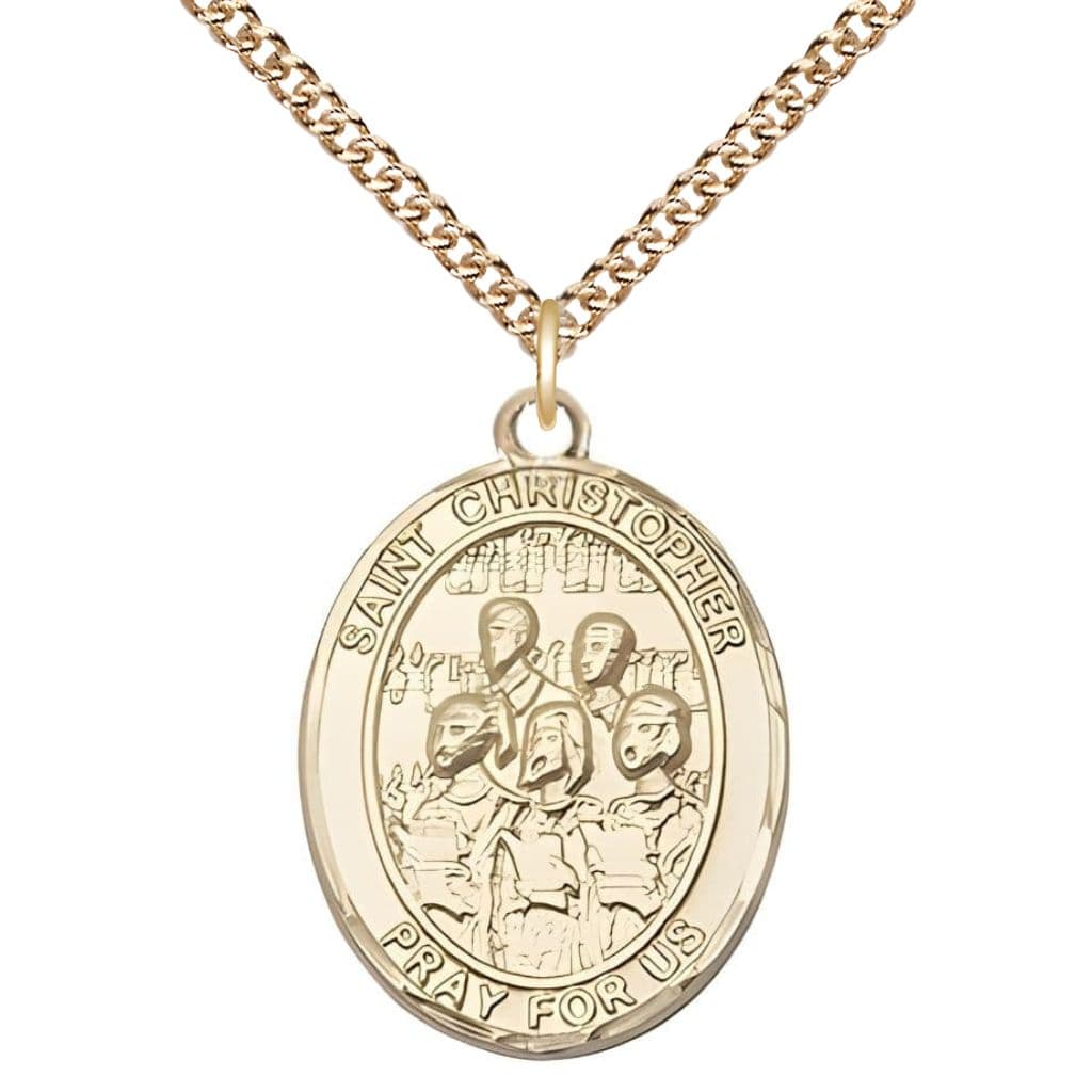 Bliss St. Christopher Choir 14kt Gold Oval Medal with a 14kt Gold Chain in a Gift Box, Measures 1-inch tall by 3/4-inch wide.