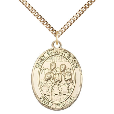 St. Christopher Choir 14kt Gold Oval Medal with a 14kt Gold Chain in a Gift Box, Measures 1-inch tall by 3/4-inch wide, Bliss Manufacturing