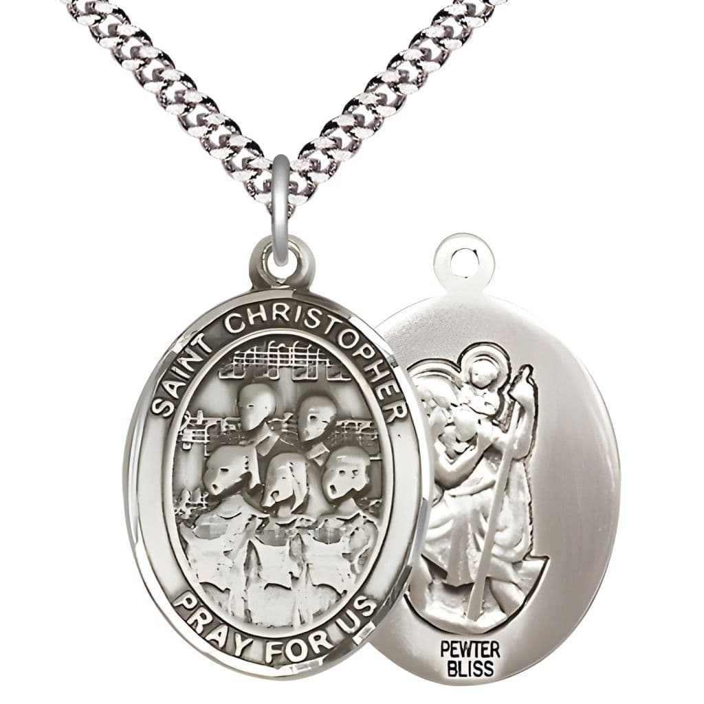 Bliss St. Christopher Choir Pewter Medal with Rhodium-plated Chain, Measures 1-inch tall by 3/4-inch wide.
