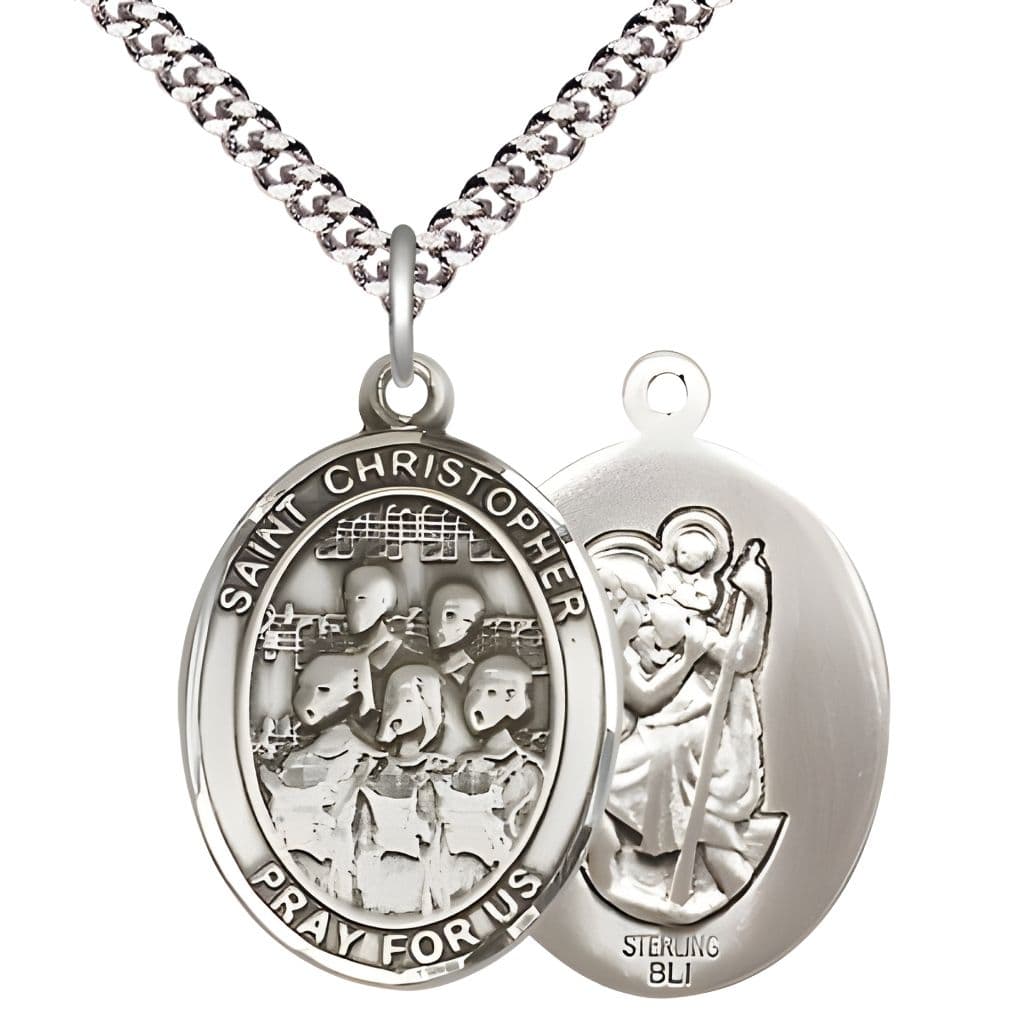 Bliss St. Christopher Choir Sterling Silver Oval Medal with Plated Chain in Gift Box, Measures 1-inch tall by 3/4-inch wide.