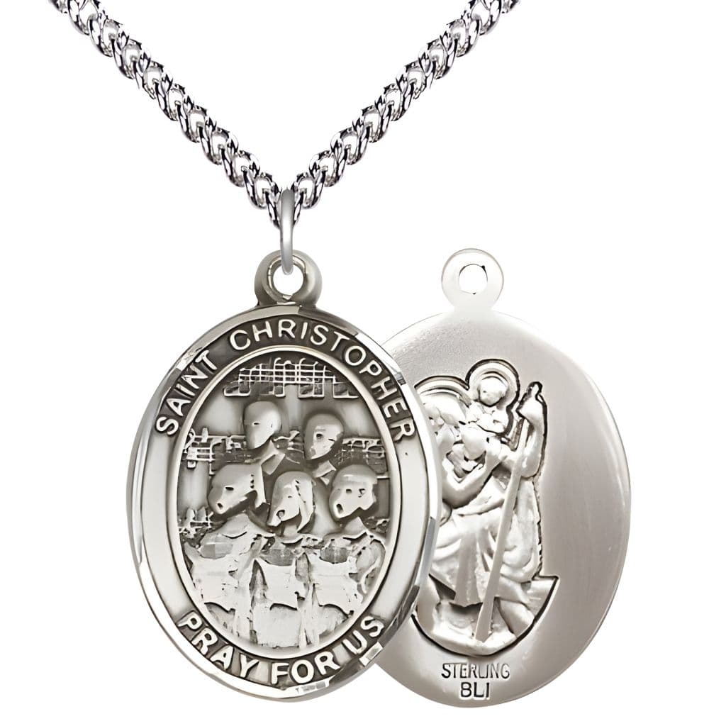 Bliss St. Christopher Choir Sterling Silver Oval Medal with Sterling Silver Chain in Gift Box, Measures 1-inch tall by 3/4-inch wide.