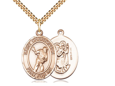 Saint Christopher Lacrosse Catholic Patron Saint Medal, gold-filled, Bliss Manufacturing